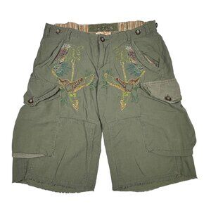 VTG Y2K Da-Nang Cargo Shorts Sz.M Green Silk Embroidered Hummingbird Beach